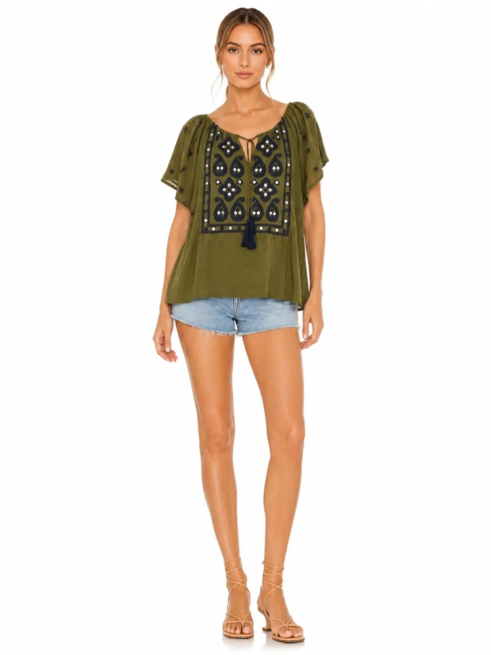 Tory Burch 100% Silk Embroidered Mirror Peasant Blouse Olive Green Boho Festival